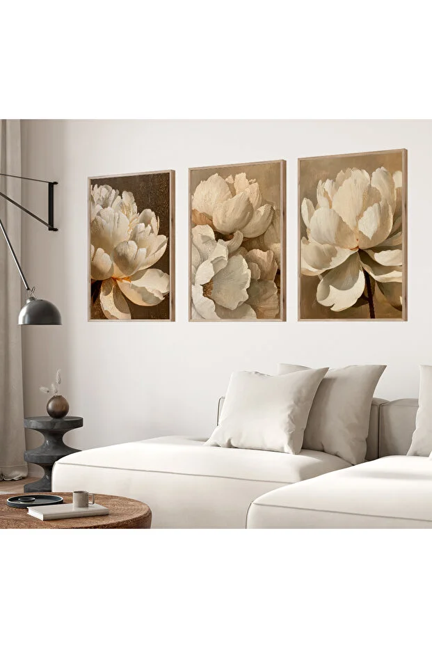 Ahşap Çerçeveli 3’lü Çiçek Tablo Seti, Modern Minimal Bej Tonlar, Salon & Oturma Odası Duvar Dekoru 30x20 Ölçülerinde